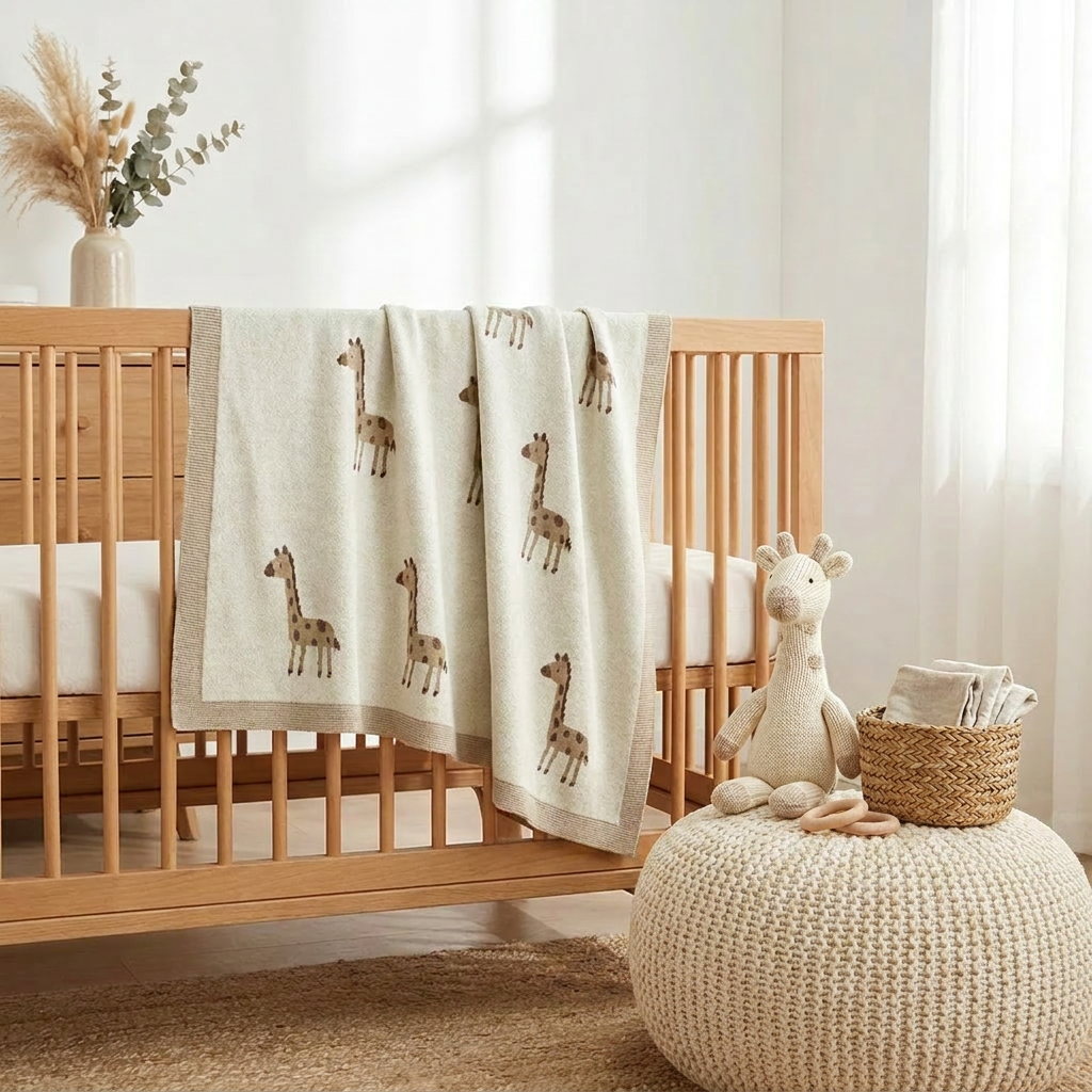 Giraffe cotton knit baby blanket draped beautifully over a wooden nursery crib