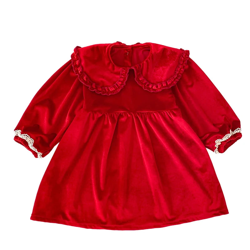 Girls cherry red velvet long sleeve holiday dress with ruffle Peter Pan collar and lace cuffs