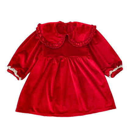 Girls cherry red velvet long sleeve holiday dress with ruffle Peter Pan collar and lace cuffs