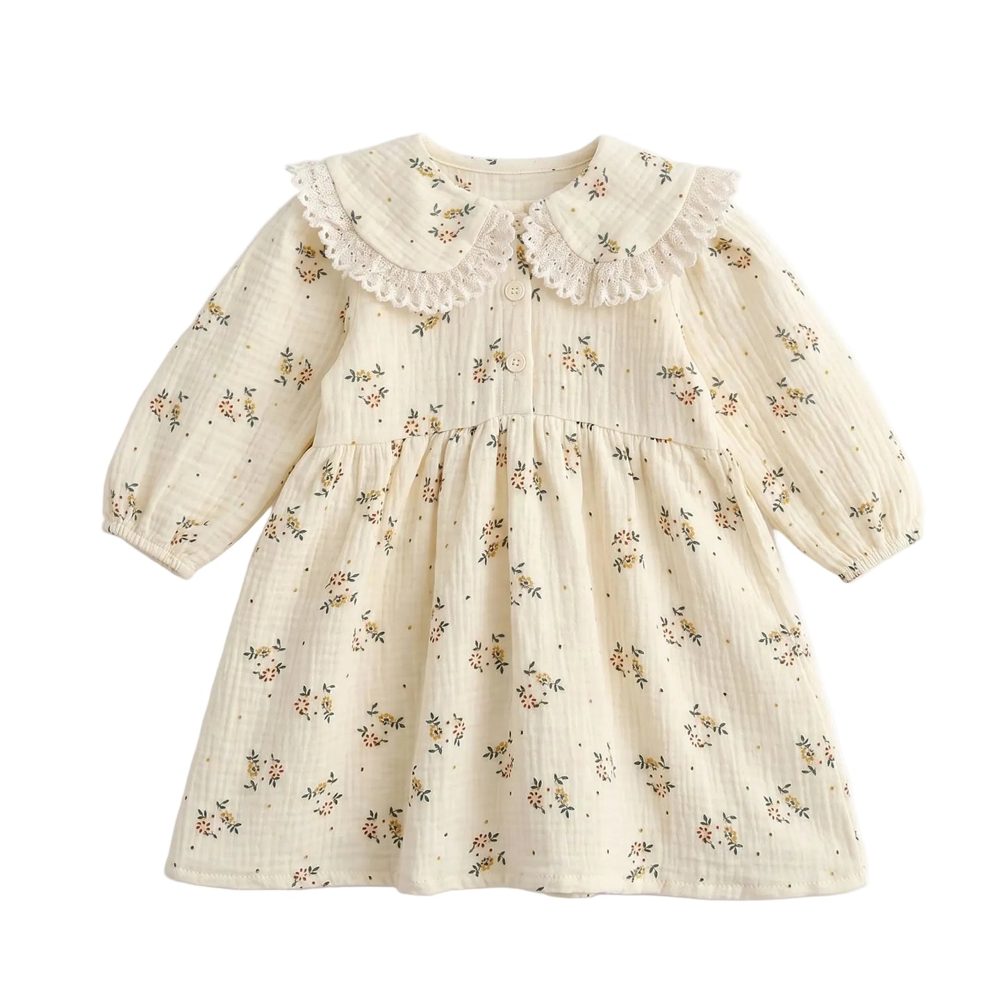 Girls floral cotton muslin long sleeve dress in cream with a vintage lace Peter Pan collar.