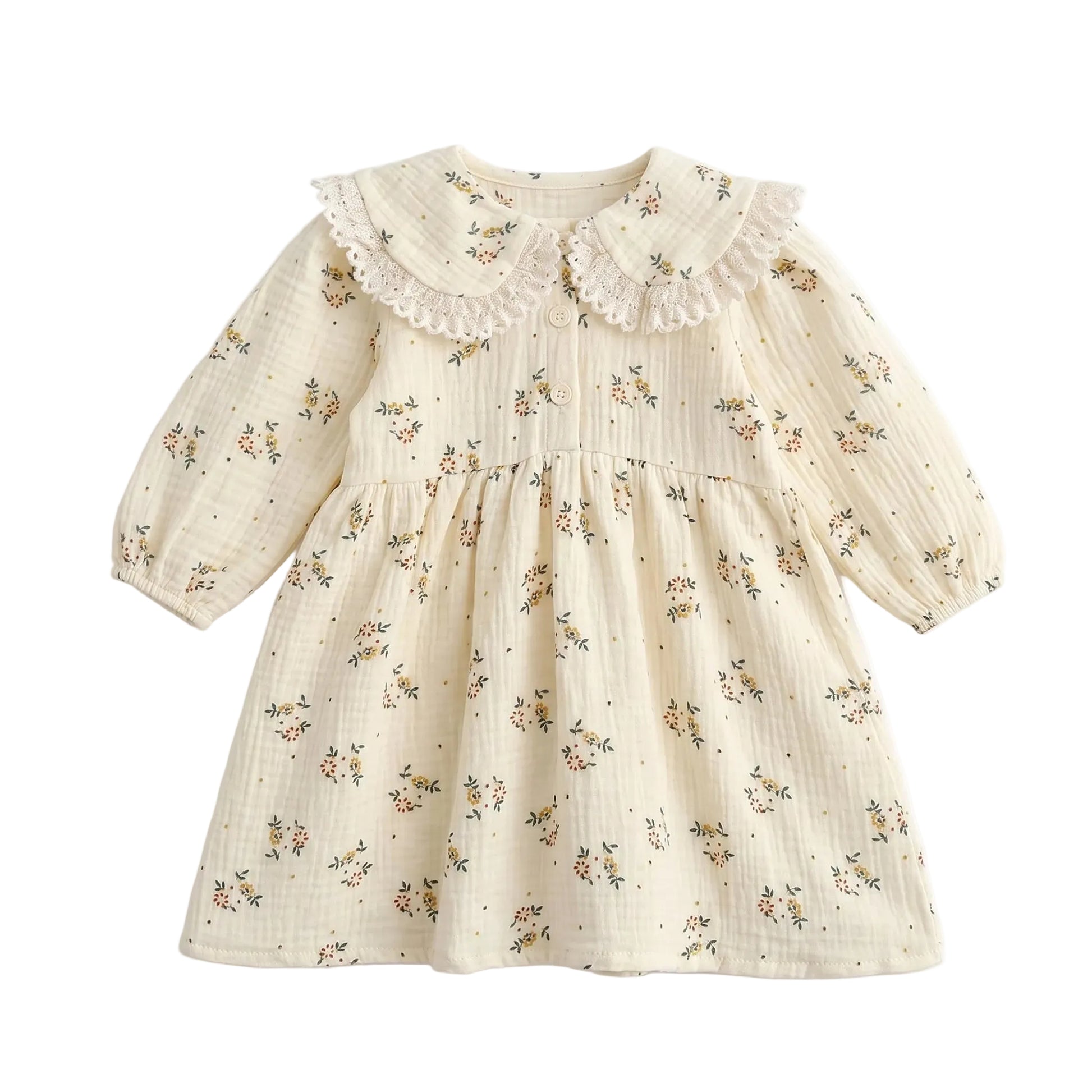 Girls floral cotton muslin long sleeve dress in cream with a vintage lace Peter Pan collar.