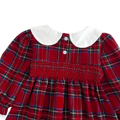 Back neckline detail of red plaid girls dress showing white Peter Pan collar and button closure