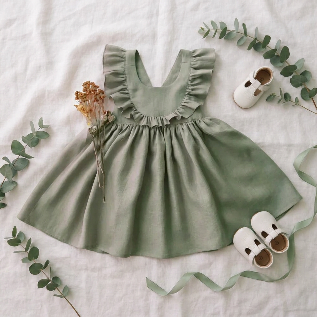 Sage green dress with ruffled neckline on a light background with decorative elements