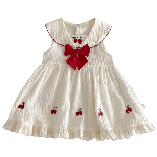 Baby and toddler girl cream textured cotton dress with red strawberry embroidery, sailor collar, and red bow; vintage cottagecore style perfect for a Berry First Birthday or summer cake smash outfit.