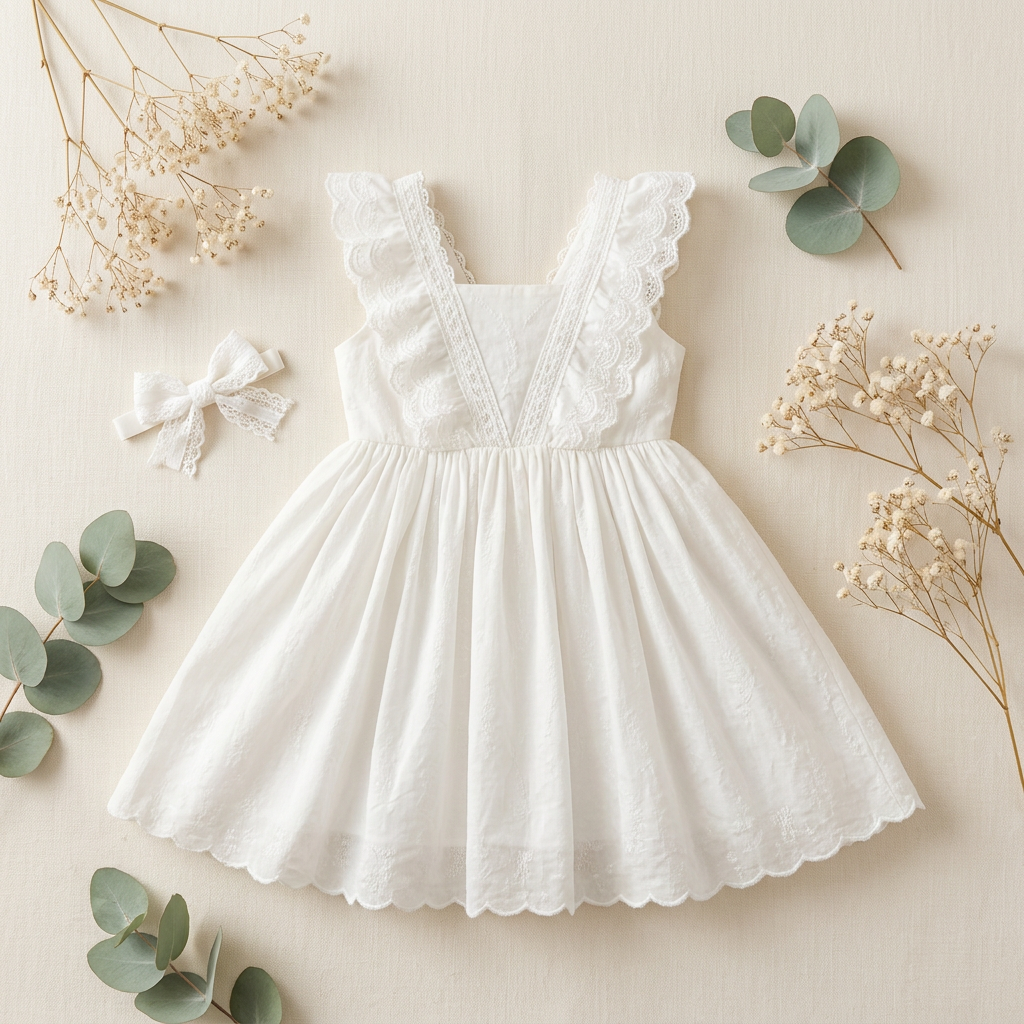 High-end boutique flat lay of the girls white lace dress styled on a cream background with a matching hair bow, dried flowers, and eucalyptus leaves.