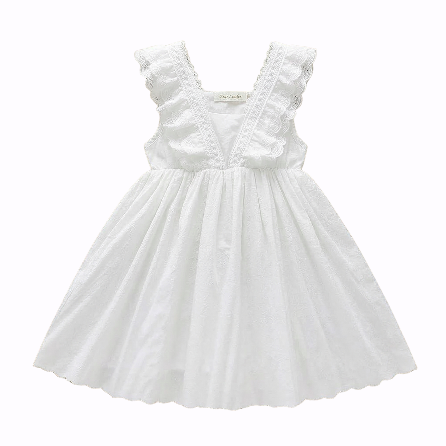 Flat lay of a girls white lace sleeveless princess dress with ruffle flutter sleeves and tiered skirt on a neutral background.
