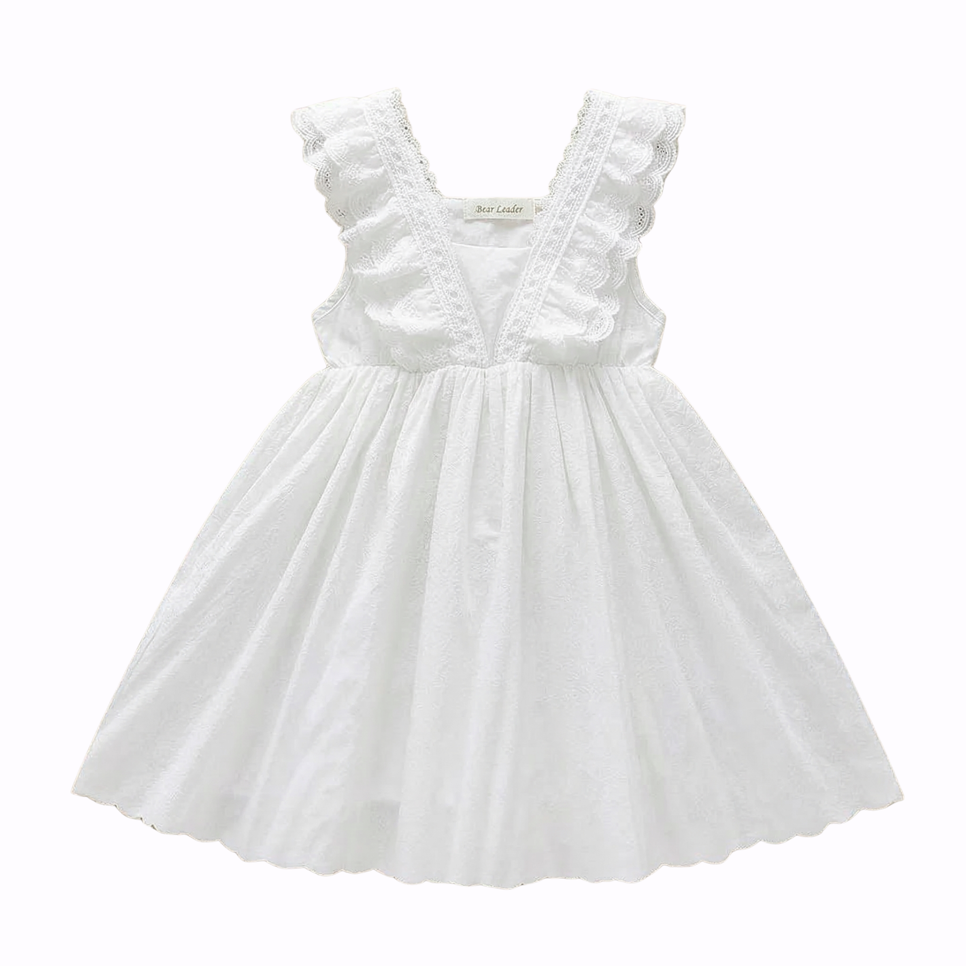 Flat lay of a girls white lace sleeveless princess dress with ruffle flutter sleeves and tiered skirt on a neutral background.