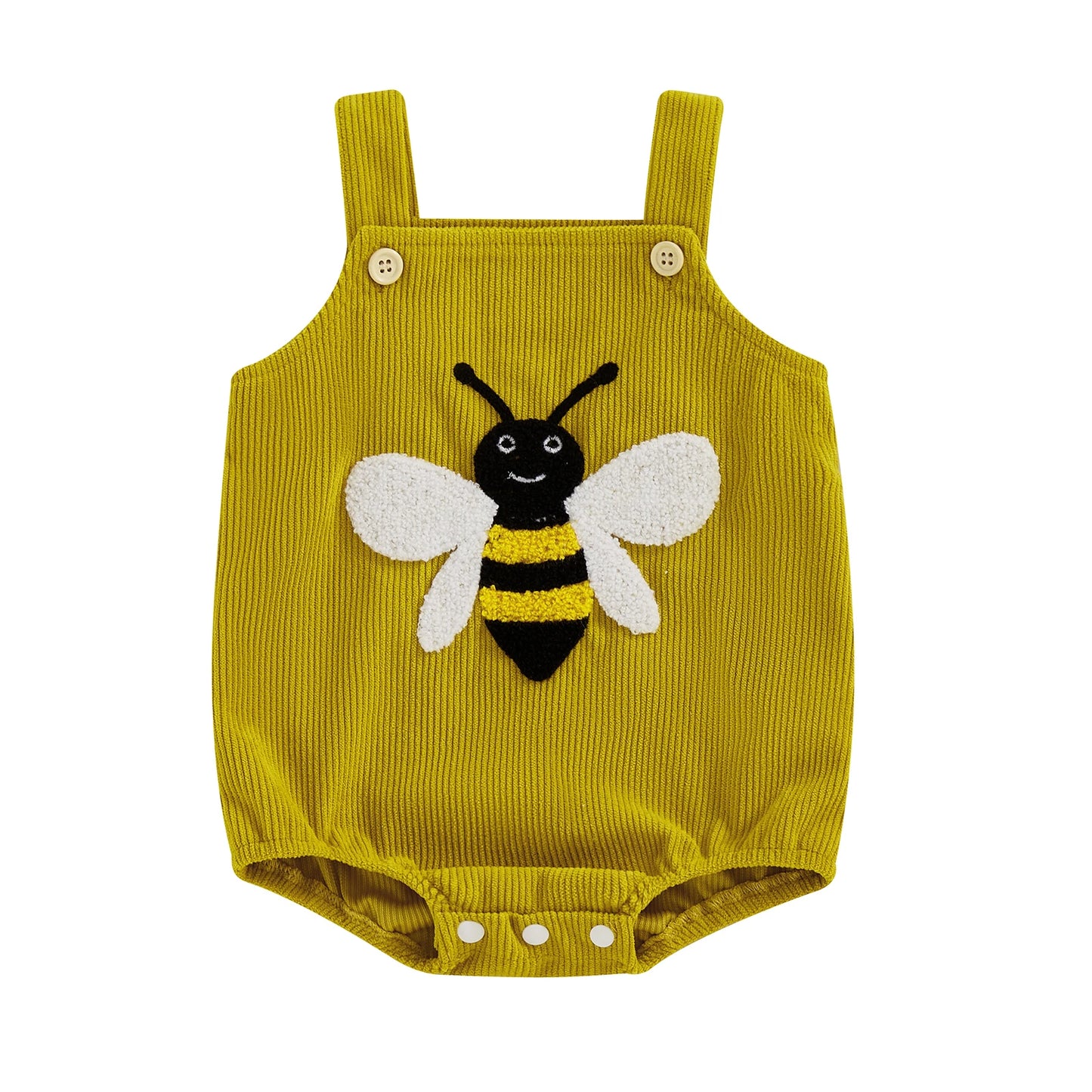 The Golden Honeybee romper in mustard yellow ribbed corduroy featuring a textured bee embroidery.