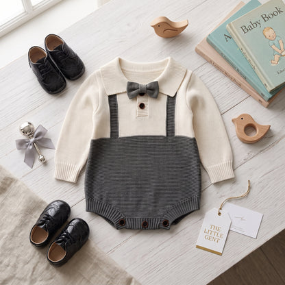 Gray and cream baby boy knit romper laid flat on a textured blanket next to black baby dress shoes and wooden toys.