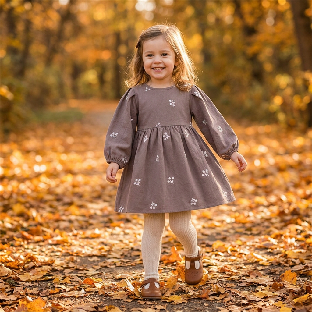 A smiling toddler girl walking through autumn leaves wearing the gray floral embroidered long-sleeve dress and tights.