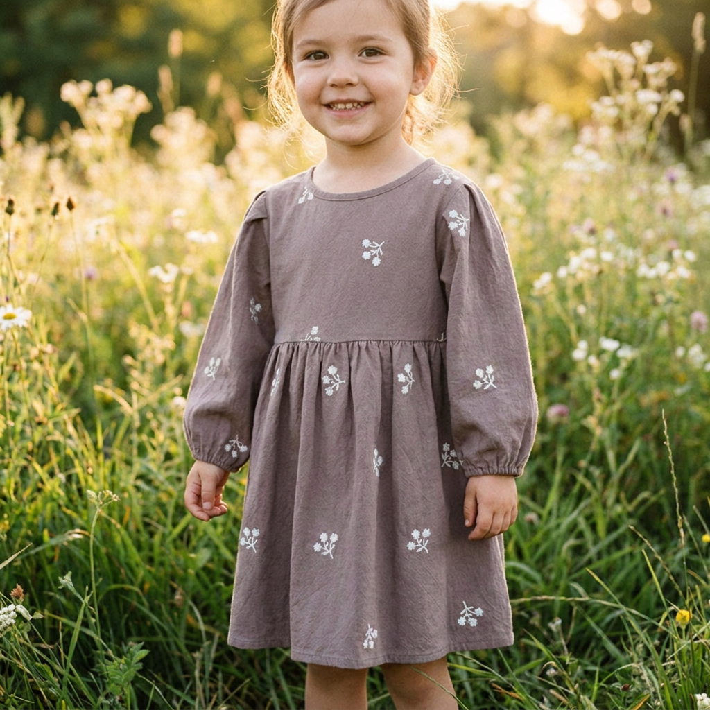 A little girl smiling in tall green grass wearing the gray long-sleeve cottagecore floral dress.