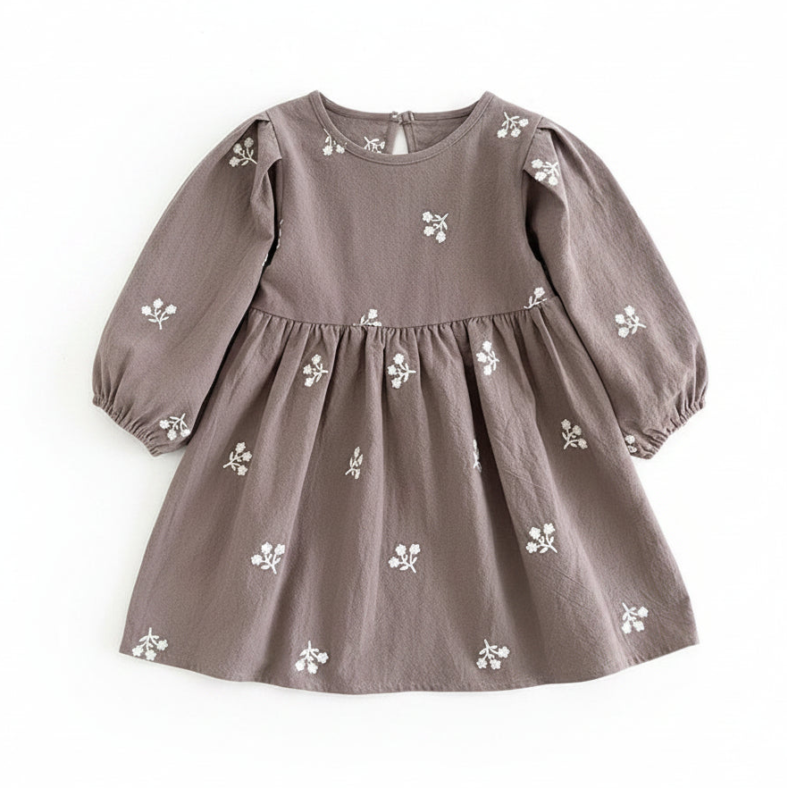 Flat lay of the cozy gray long-sleeve cotton toddler dress featuring delicate white floral embroidery.