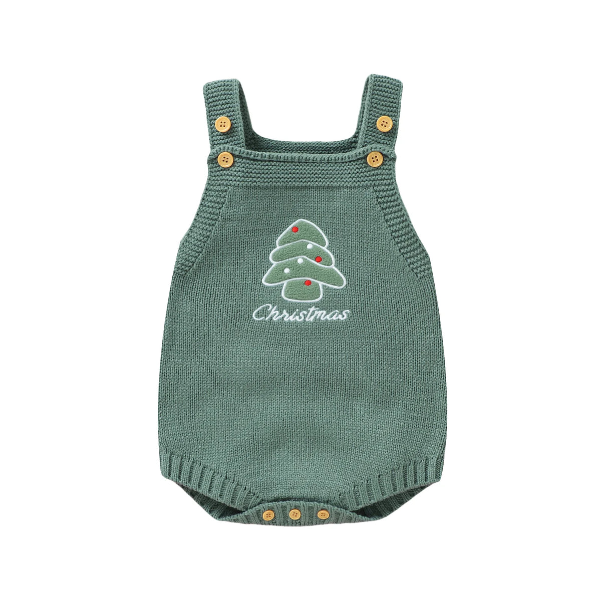 A flat product shot of a sleeveless green knit baby romper featuring a white embroidered Christmas tree and wooden buttons on the straps