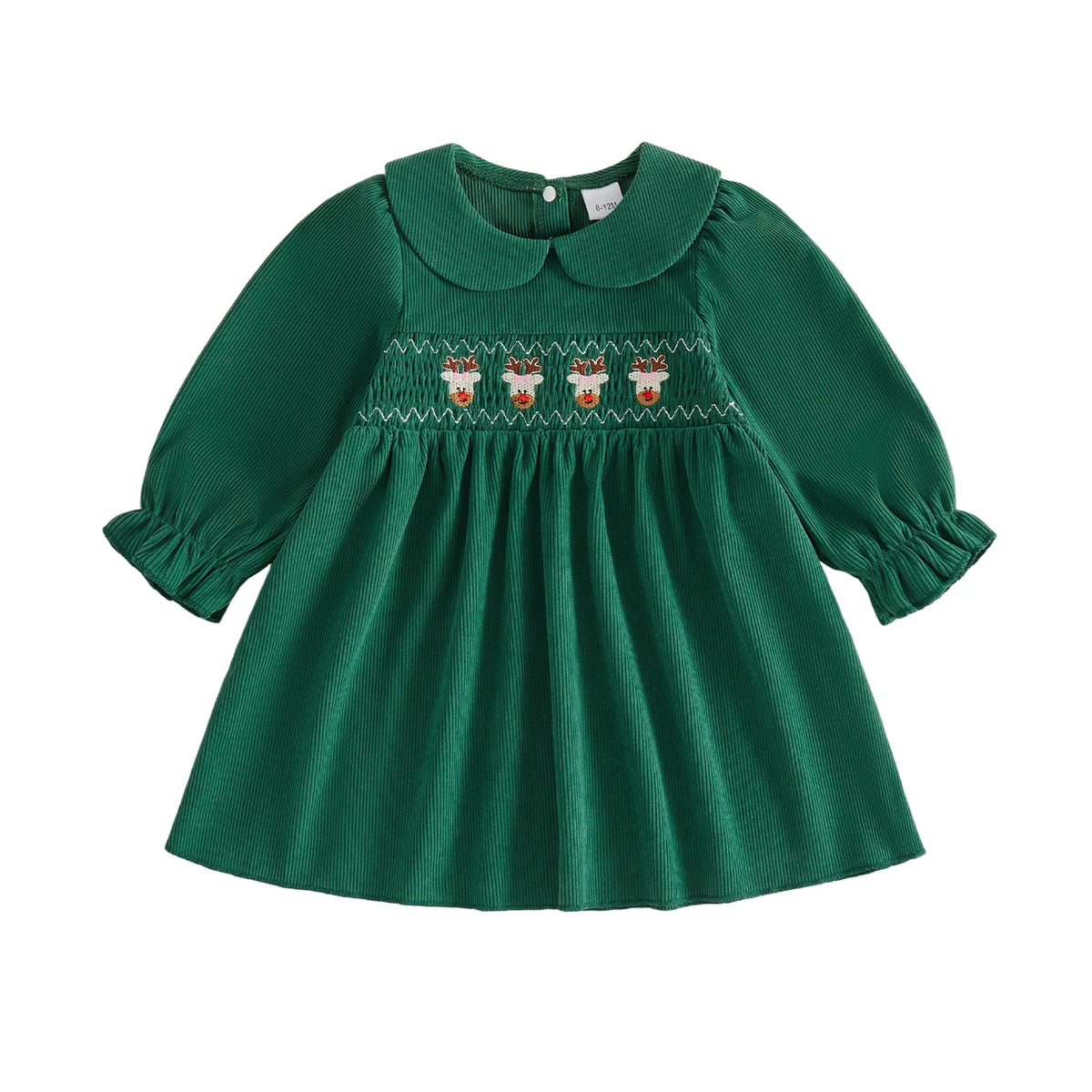 Green corduroy baby and toddler girl Christmas dress with long sleeves and smocked reindeer embroidery.