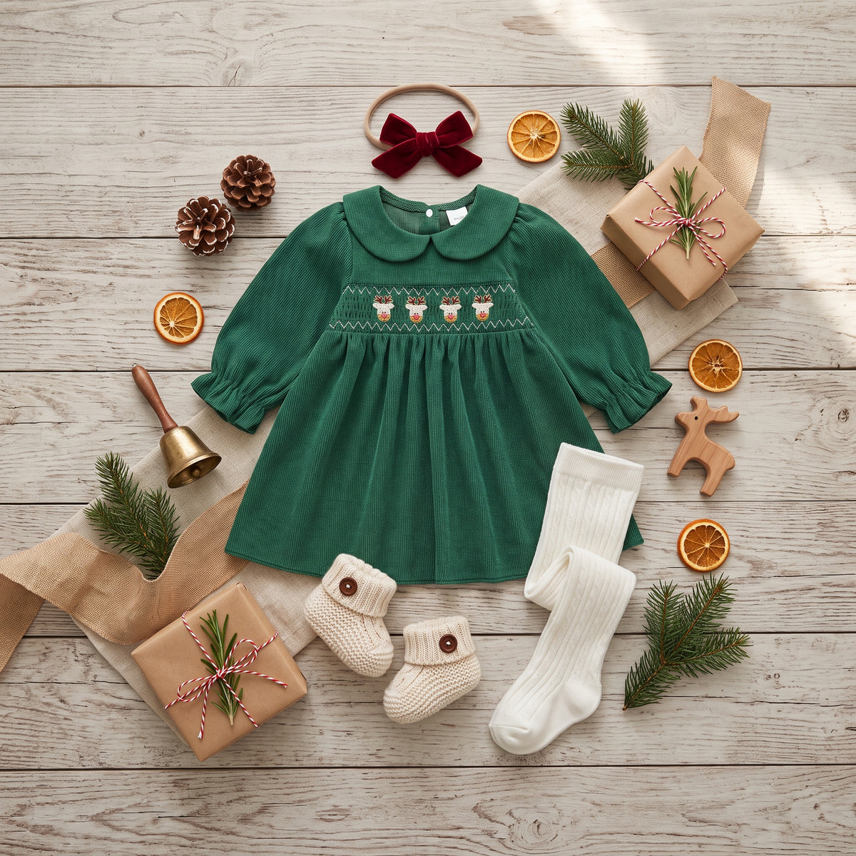 Flat lay of green corduroy smocked Christmas dress styled with white tights, booties, and holiday accessories.