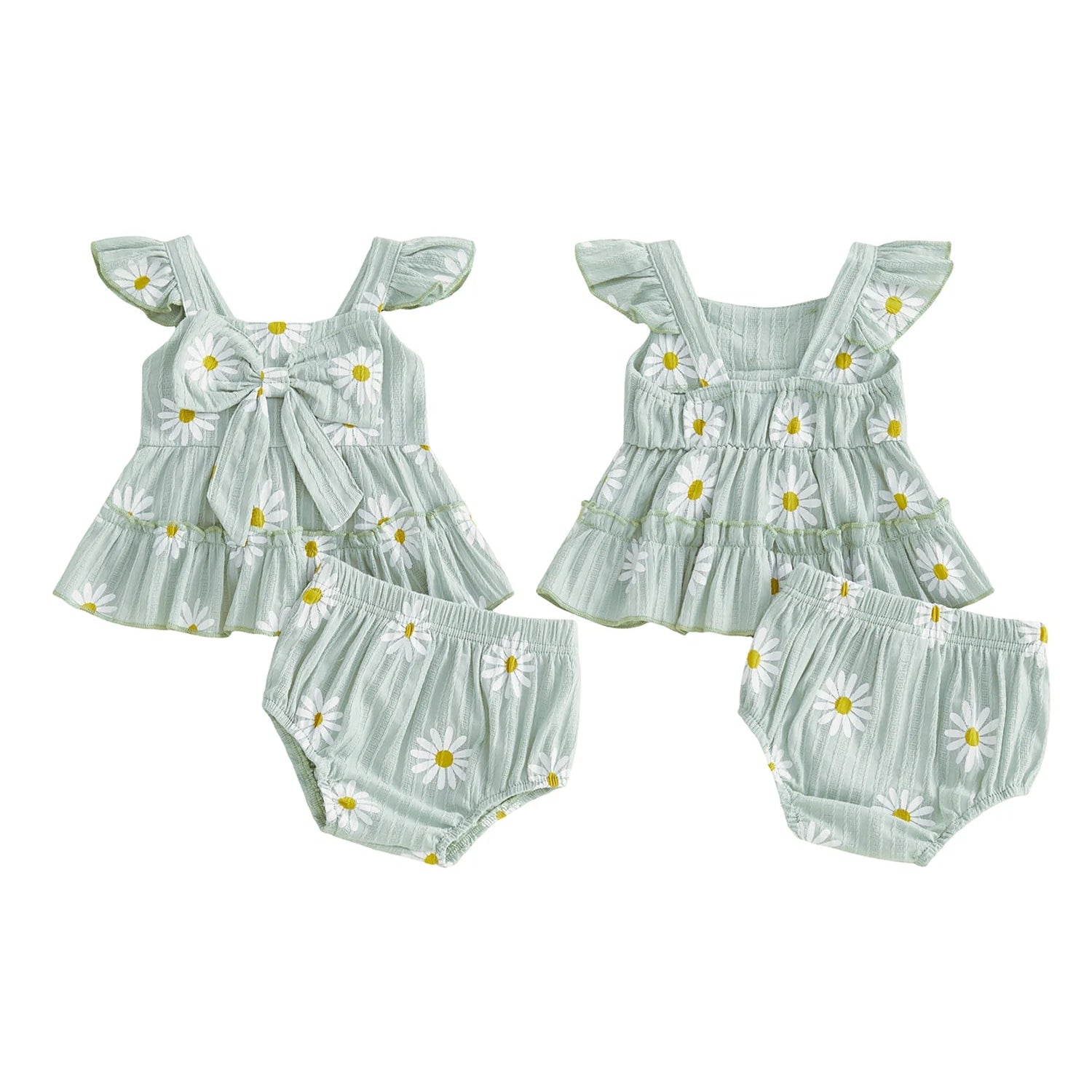 Baby girls green matching set with daisy print showing the front and back view on a plain white background