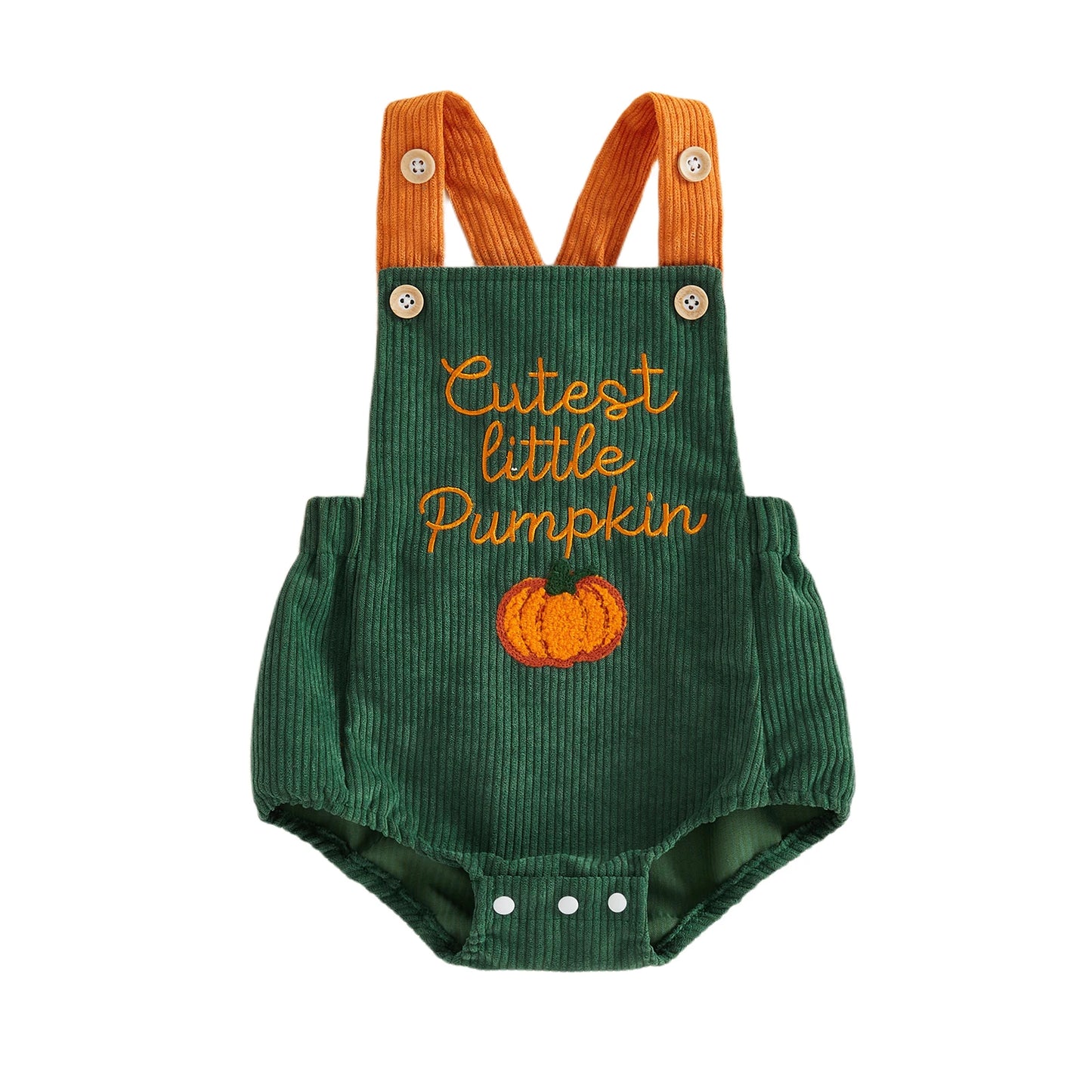 Front view of a green baby corduroy bubble romper with orange straps and "Cutest little Pumpkin" embroidery.