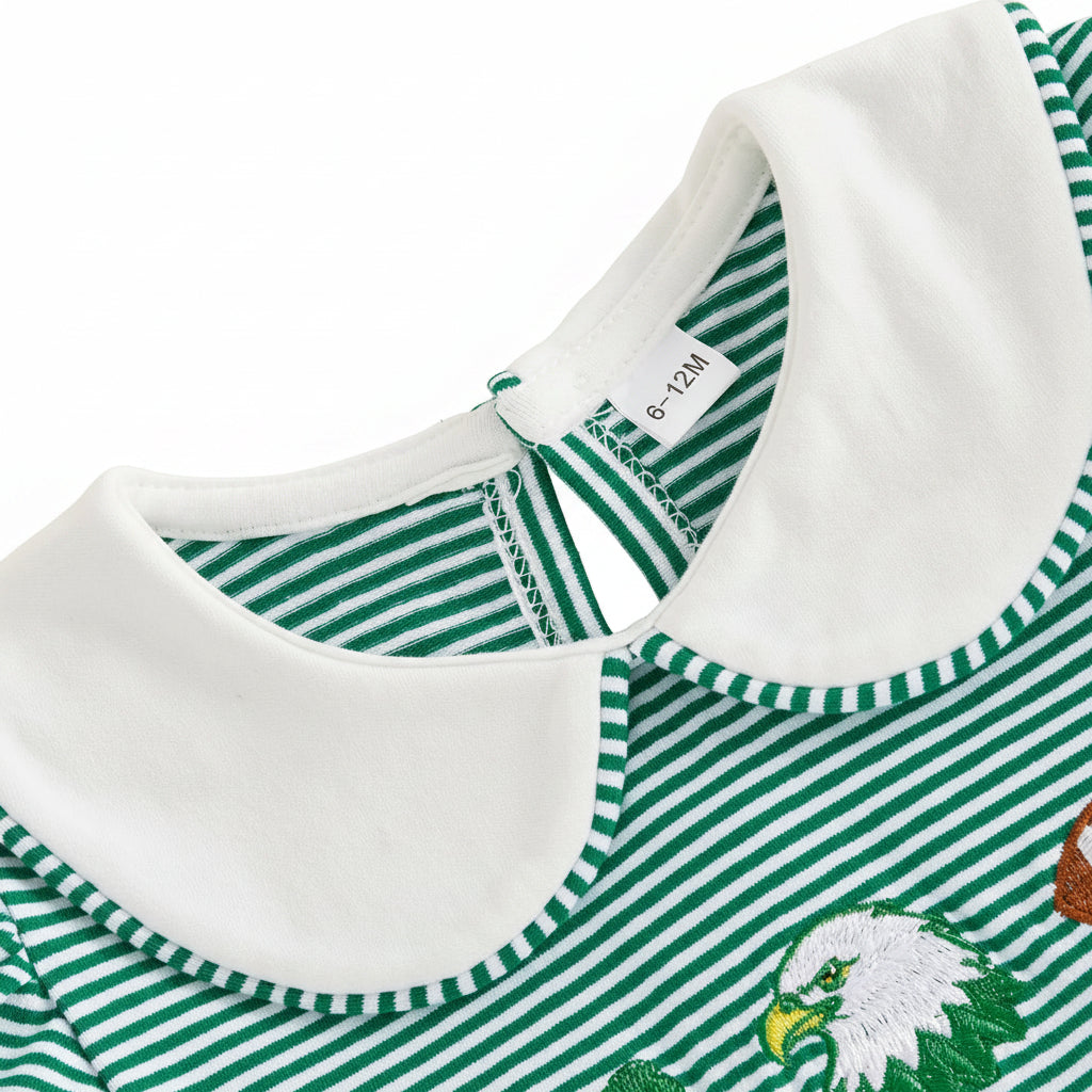 Close-up of the classic white Peter Pan collar and back keyhole button closure on the green striped toddler dress.
