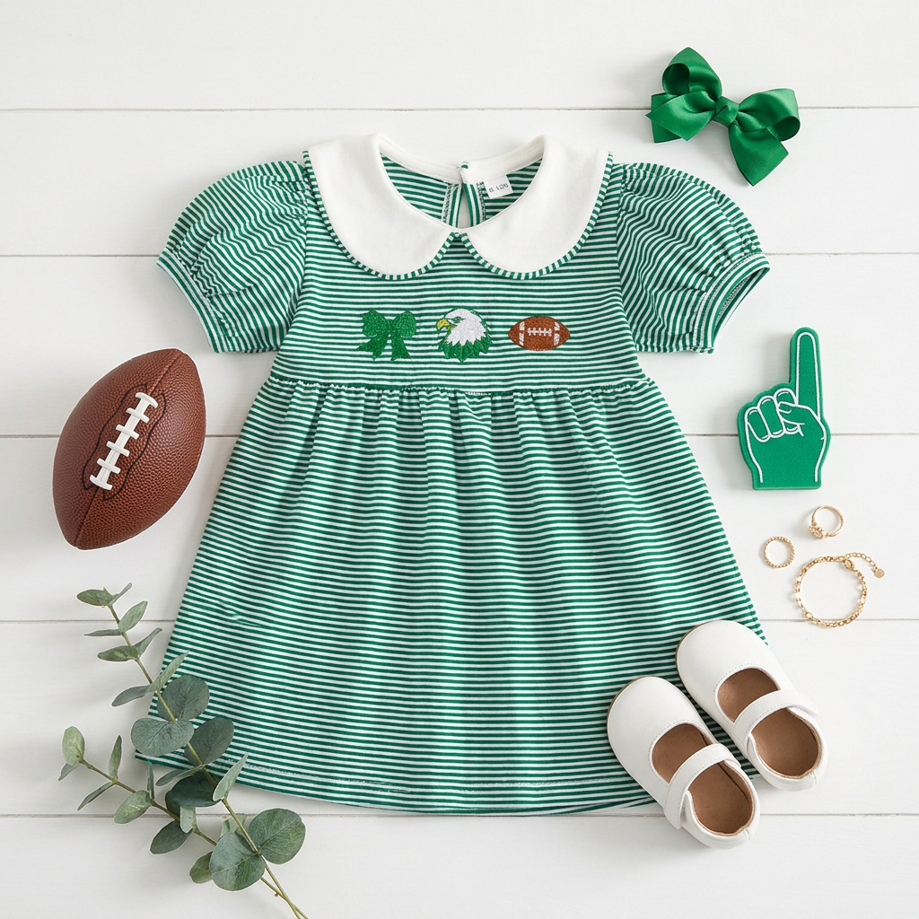 Flat lay of the green striped game day dress styled with white toddler shoes, a miniature football, and a green hair bow.