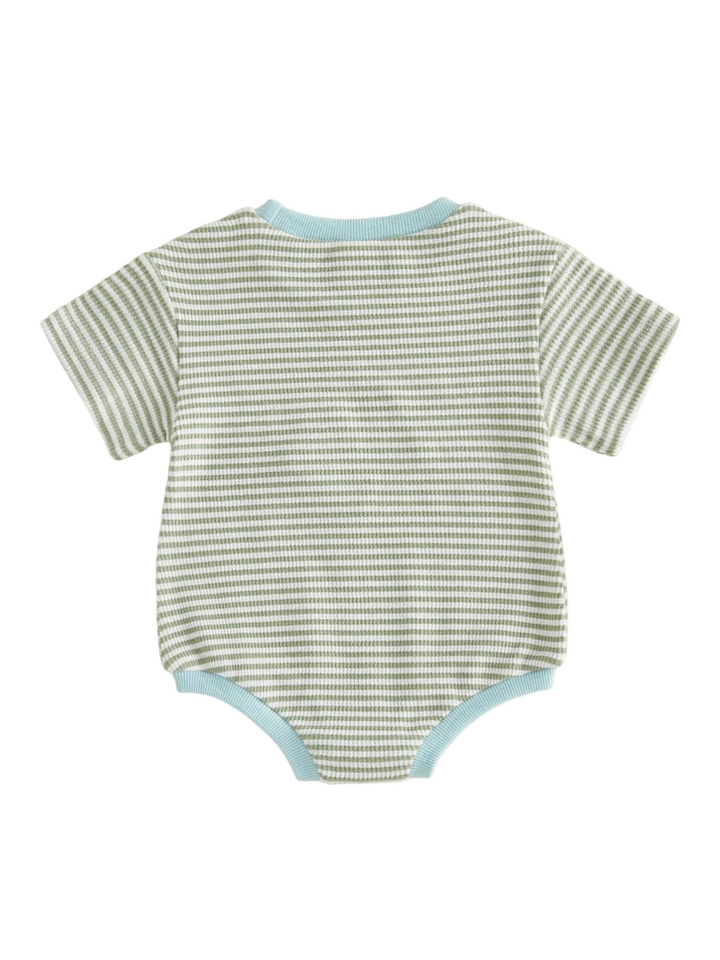 Back view of the green and white striped short-sleeve baby boy waffle knit bodysuit showing the bottom snap closures.