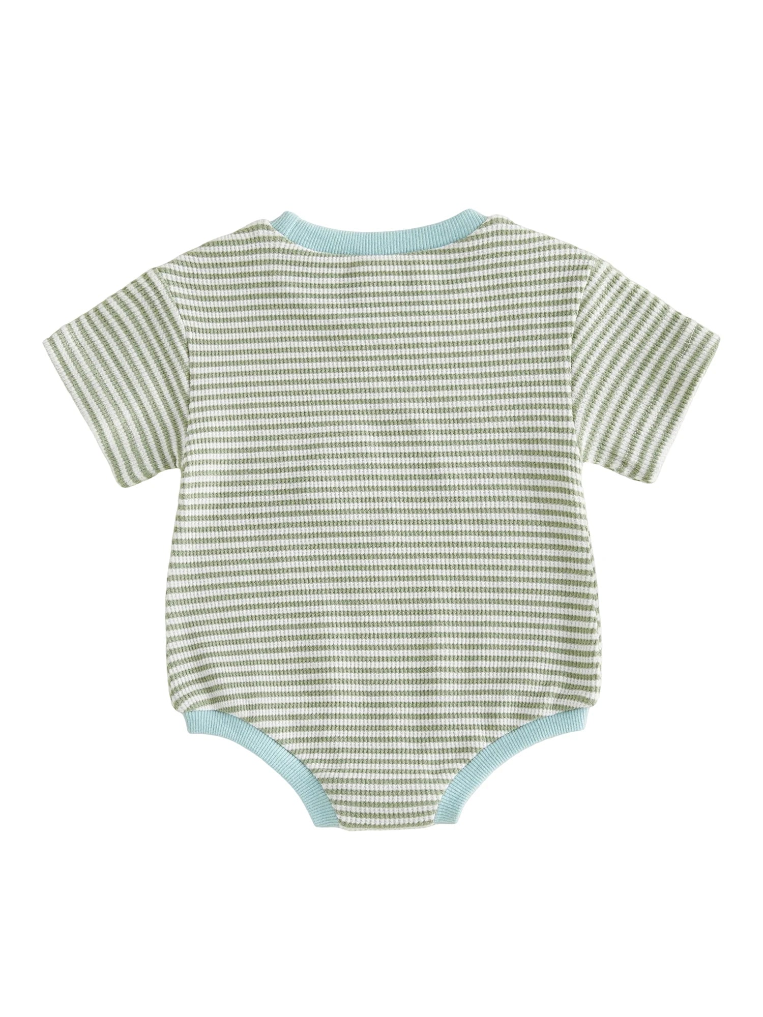 Back view of the green and white striped short-sleeve baby boy waffle knit bodysuit showing the bottom snap closures.
