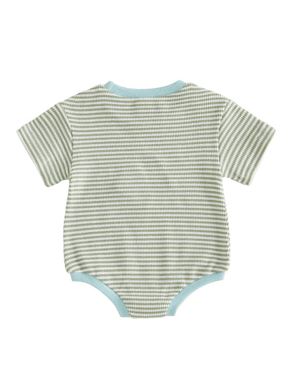 Back view of the green and white striped short-sleeve baby boy waffle knit bodysuit showing the bottom snap closures.