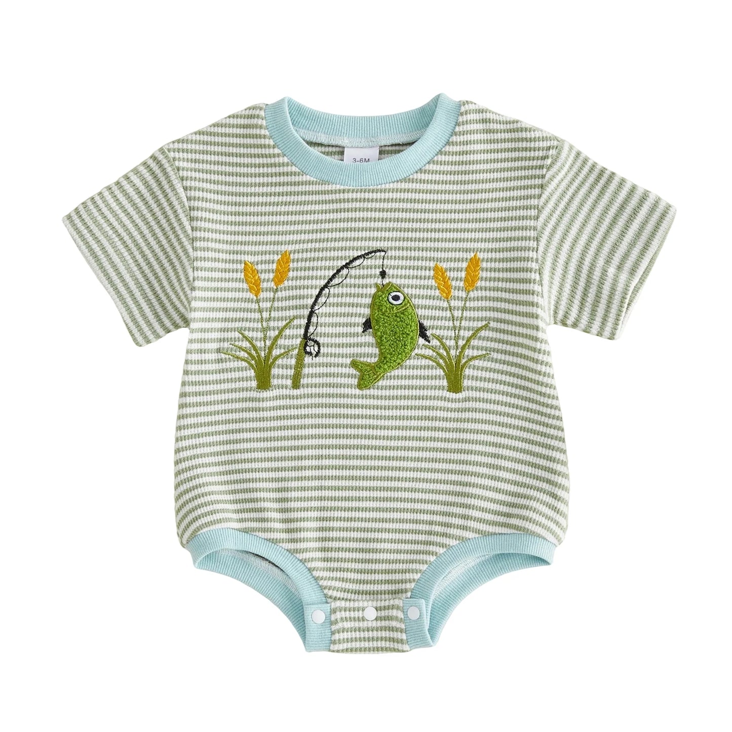 Front view of a green and white striped waffle knit baby boy romper featuring a textured embroidered green bass and fishing pole.