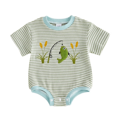 Front view of a green and white striped waffle knit baby boy romper featuring a textured embroidered green bass and fishing pole.