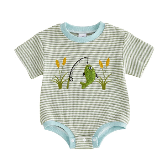 Front view of a green and white striped waffle knit baby boy romper featuring a textured embroidered green bass and fishing pole.