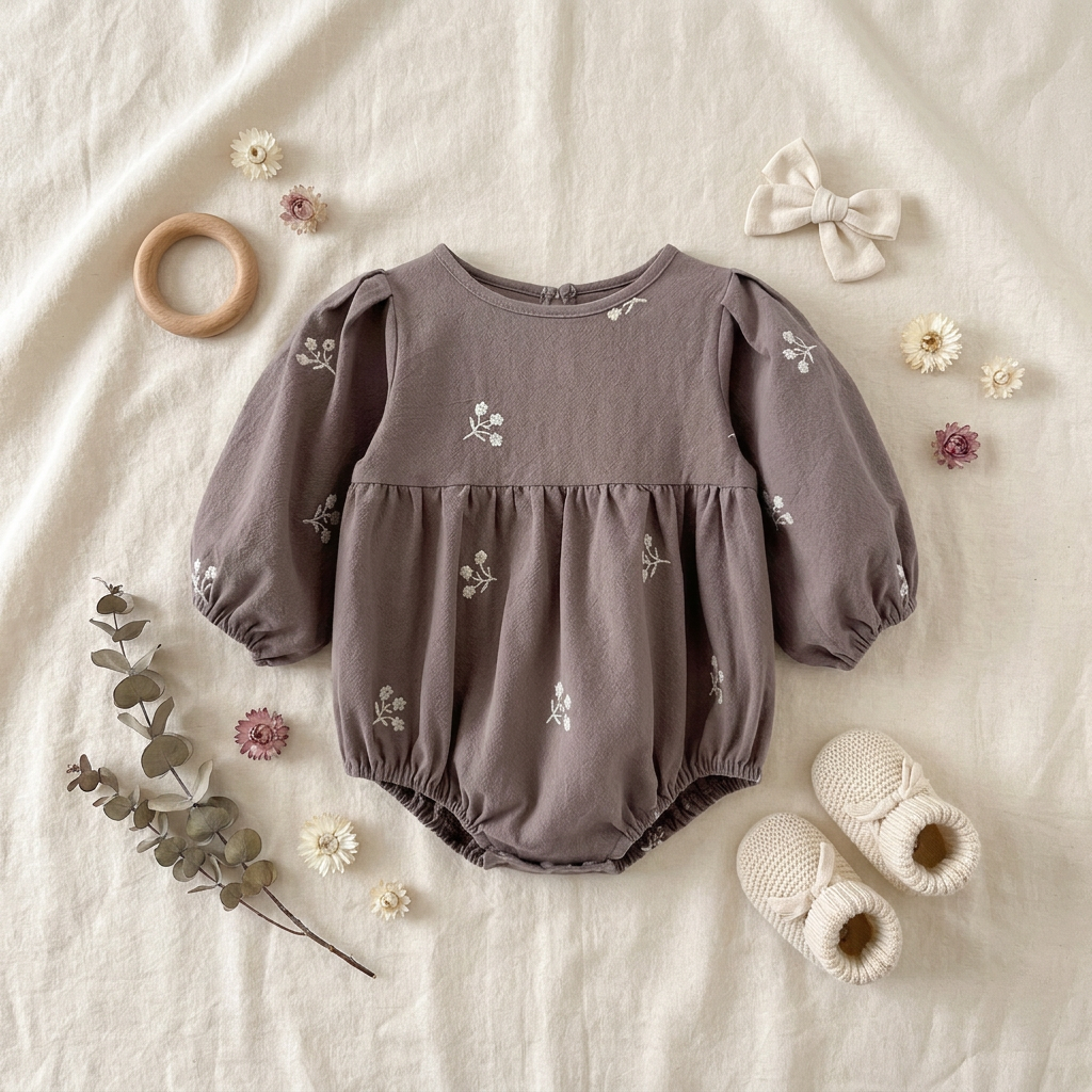 Flat lay of the cozy grey floral embroidered long-sleeve baby romper, beautifully styled with cream knit baby booties, a fabric hair bow, a wooden teething ring, and dried eucalyptus and flowers on a soft cream muslin background.