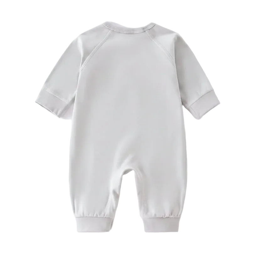 Back view of the plain grey newborn kimono romper showing the clean, footless jumpsuit design.