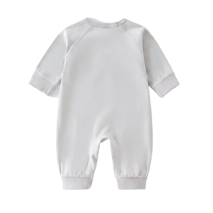 Back view of the plain grey newborn kimono romper showing the clean, footless jumpsuit design.