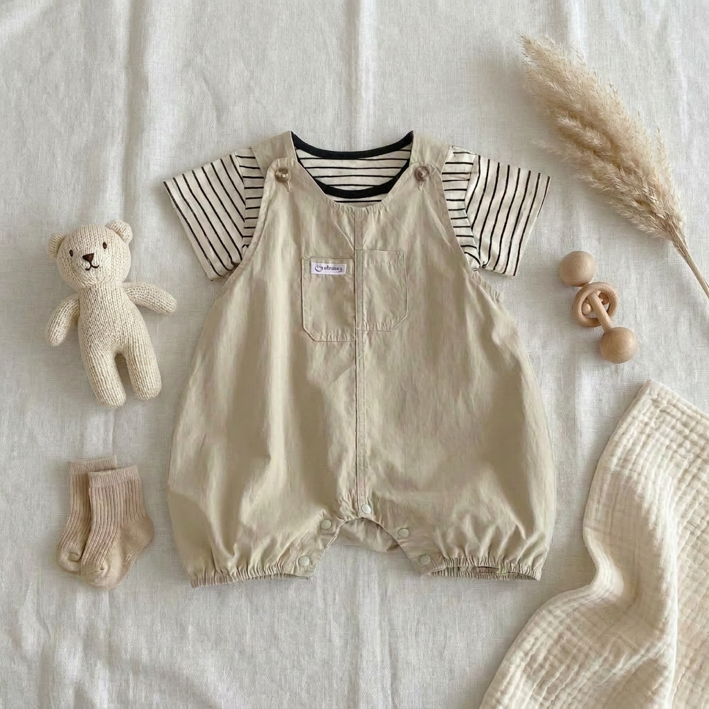 Boutique flat lay of the Hamptons Beige baby boy 2-piece overall set and striped t-shirt, styled on a textured white fabric with a knit teddy bear, wooden rattle, ribbed socks, and dried pampas grass.
