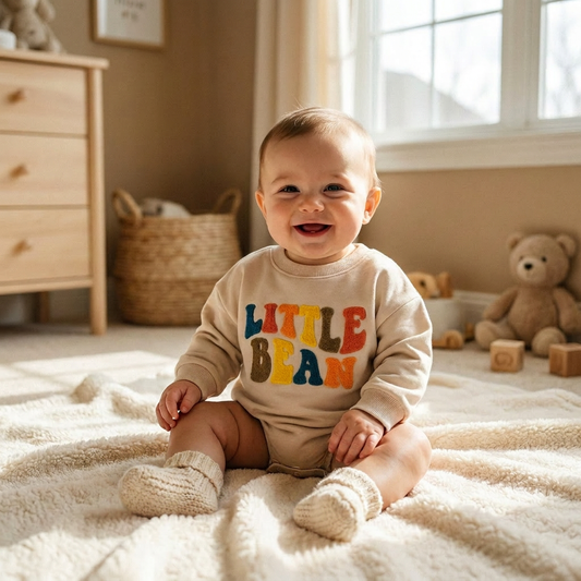 A smiling baby sitting on a textured rug in a nursery, wearing the unisex Little Bean embroidered long sleeve romper.