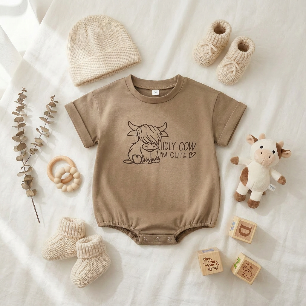 Styled flat lay of the light brown Highland cow baby romper surrounded by a beanie, booties, a small cow plush toy, and wooden blocks.
