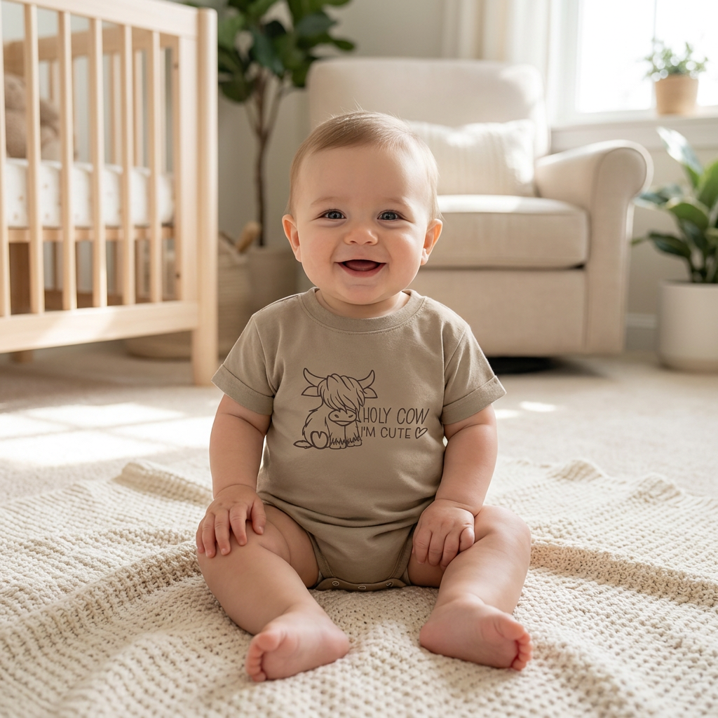 A smiling baby sitting on a rug in a nursery wearing the light brown Highland cow graphic romper.