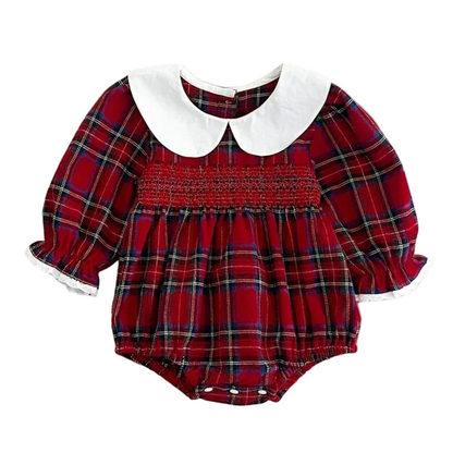 Infant baby girl red plaid Christmas romper with smocked chest detail and white Peter Pan collar