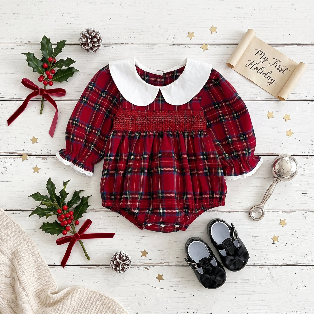 Infant baby girl red plaid smocked Christmas bubble romper styled with white Peter Pan collar, holiday props, and black shoes
