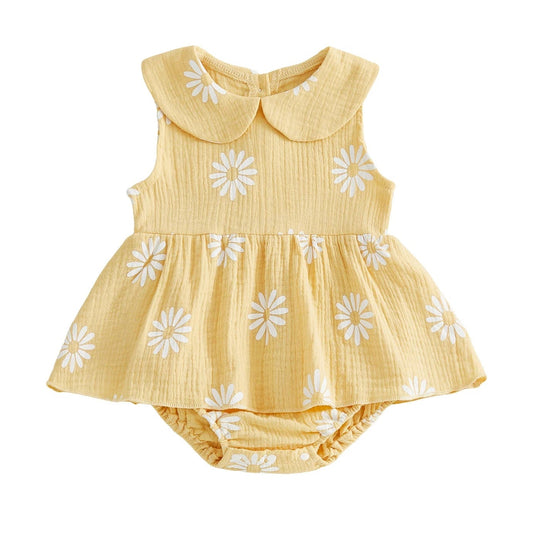 Infant baby girl sleeveless yellow romper dress featuring white daisy floral print and a white Peter Pan collar.