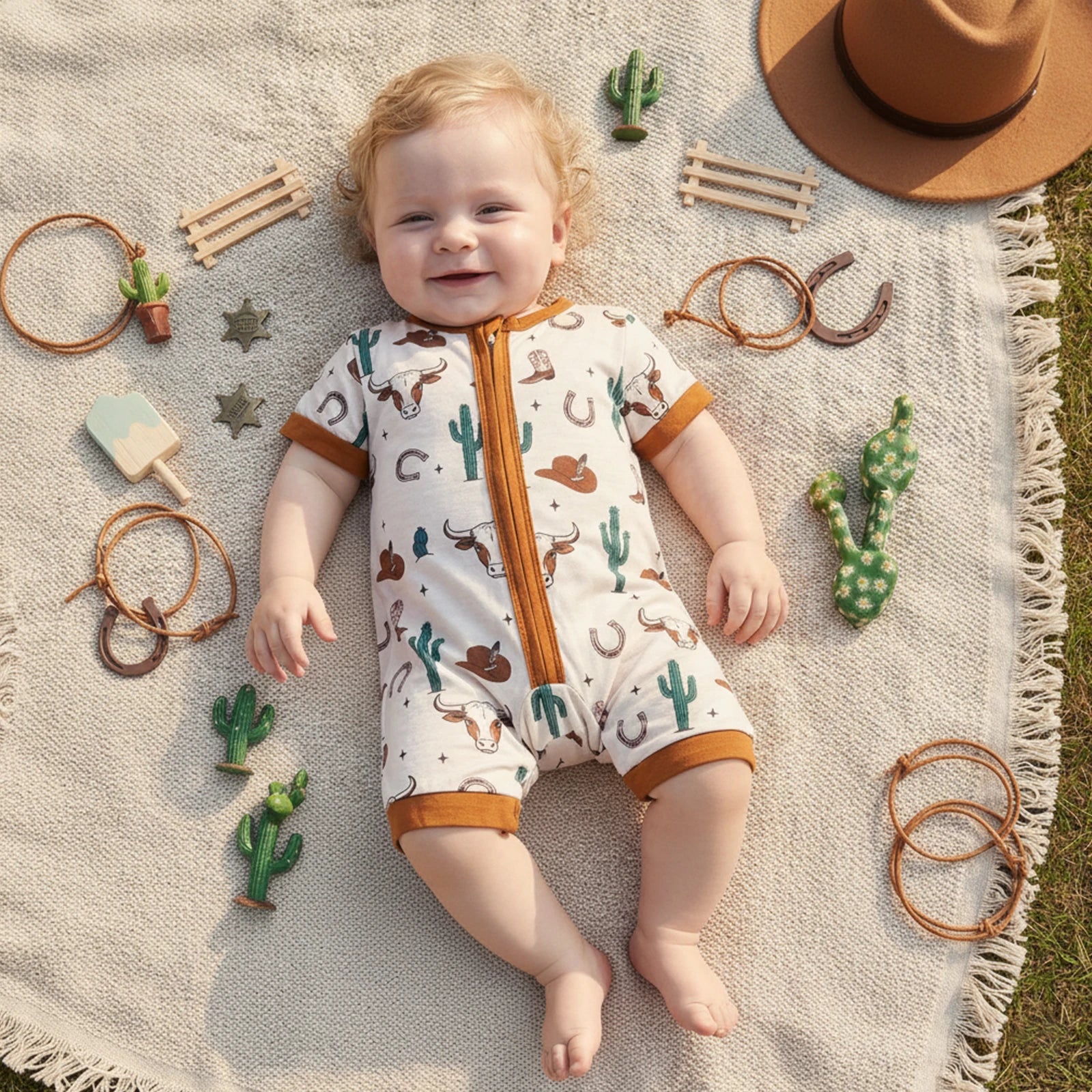 An overhead view of a baby lying down on a cream fringe blanket wearing a short-sleeve western cactus romper, surrounded by small wooden toys.