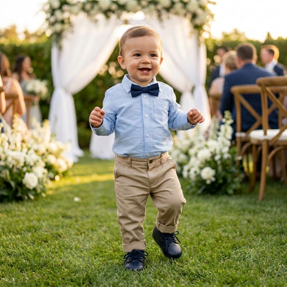A smiling toddler boy walking outdoors at a wedding wearing khaki pants, a blue button-down shirt, a navy bowtie, and Kidsely navy blue oxford dress shoes.