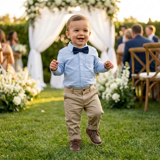 A smiling toddler boy walking outdoors at a wedding wearing khaki pants, a blue button-down shirt, a navy bowtie, and Kidsely textured brown oxford dress shoes.