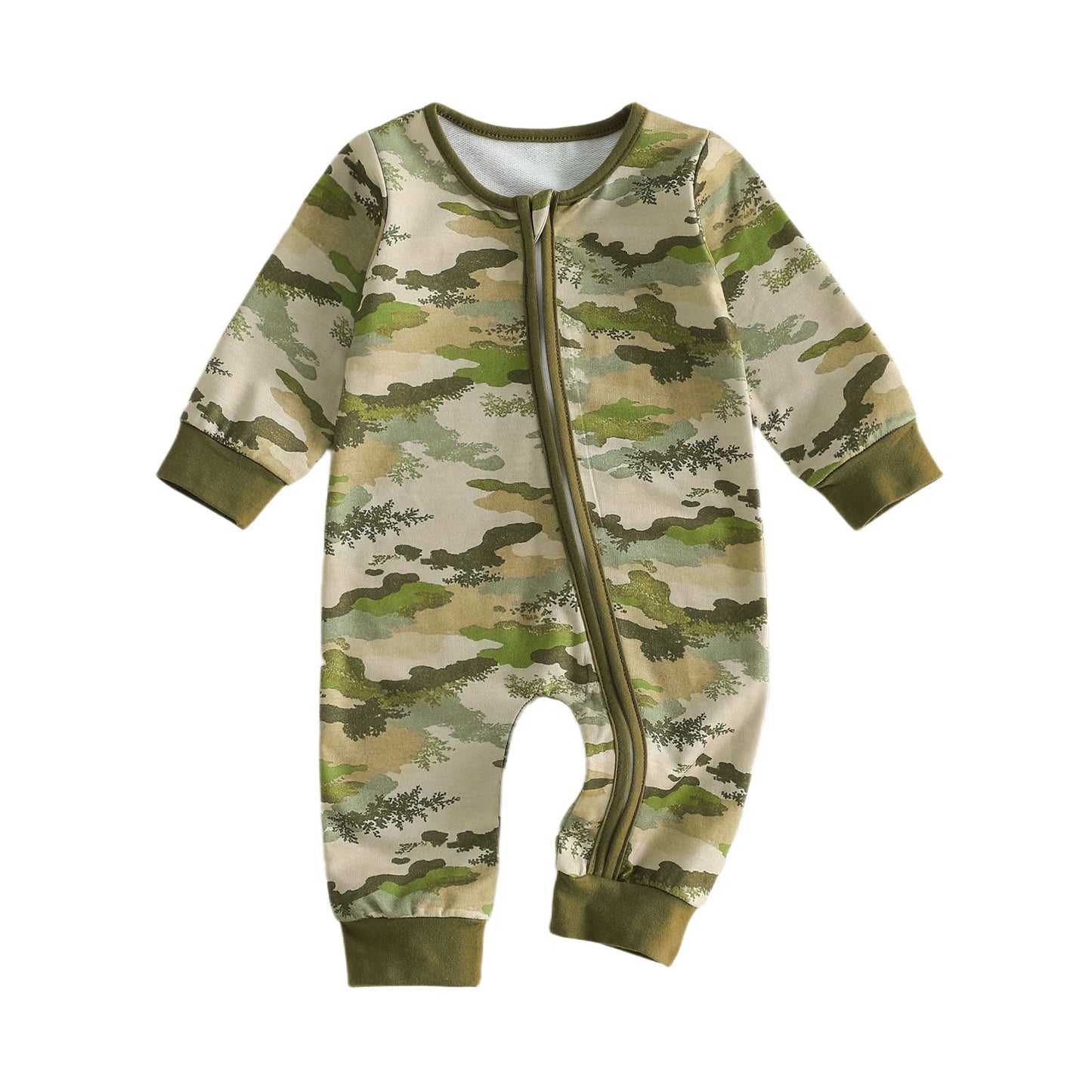 Front view of the Kidsely army green camouflage baby boy zipper jumpsuit.