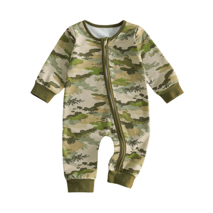 Front view of the Kidsely army green camouflage baby boy zipper jumpsuit.