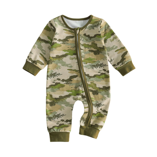 Front view of the Kidsely army green camouflage baby boy zipper jumpsuit.