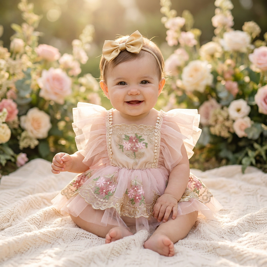 Smiling baby girl wearing the pink kidsely cottagecore floral embroidery romper sitting outdoors in a rustic rose garden.