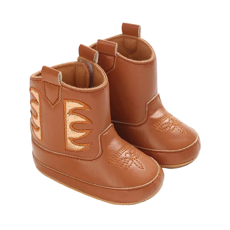 A pair of cognac brown infant cowboy boots with traditional western toe stitching and rubber soles on a white background.
