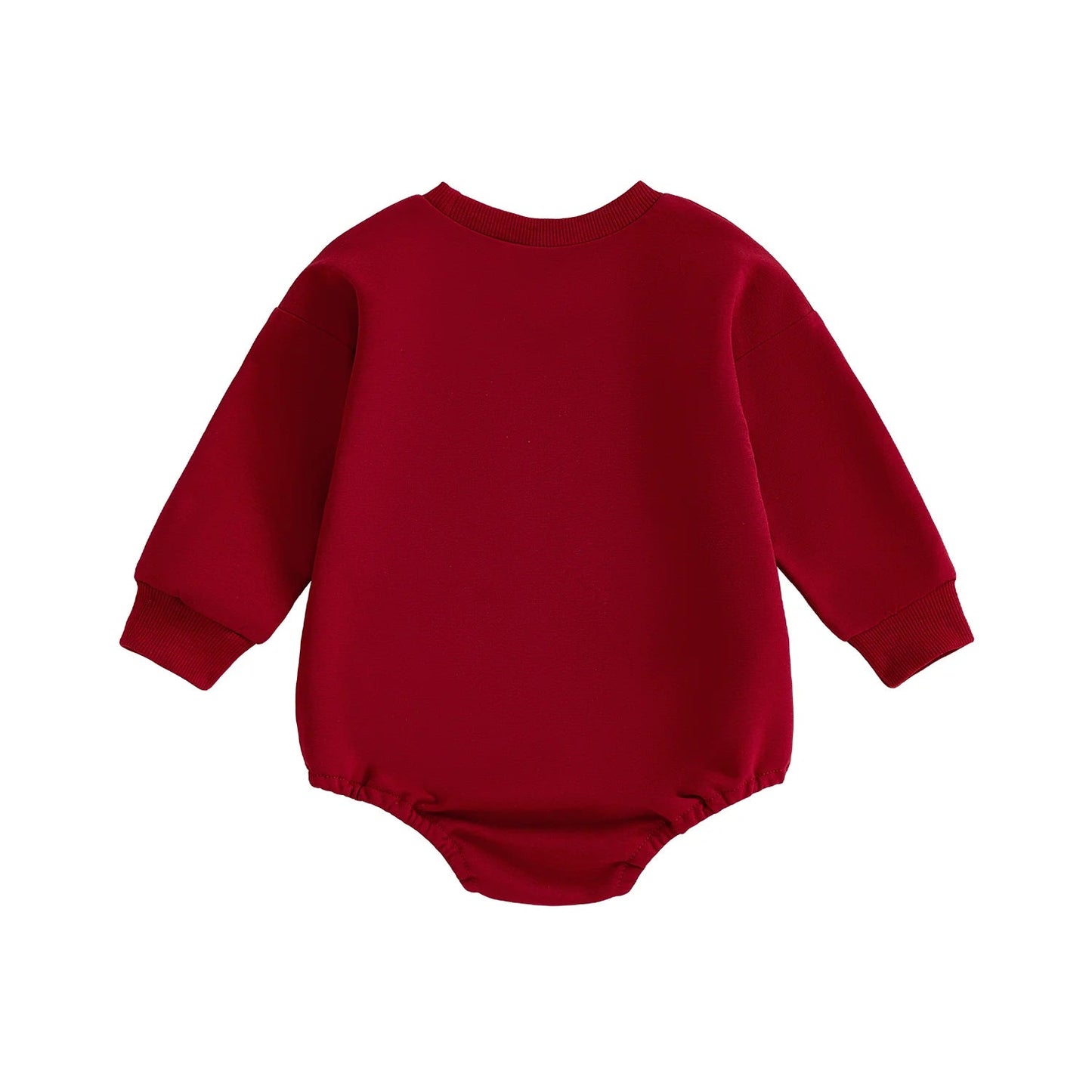 Back view of the solid crimson red infant sweatshirt-weight long sleeve bubble romper.