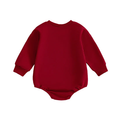 Back view of the solid crimson red infant sweatshirt-weight long sleeve bubble romper.