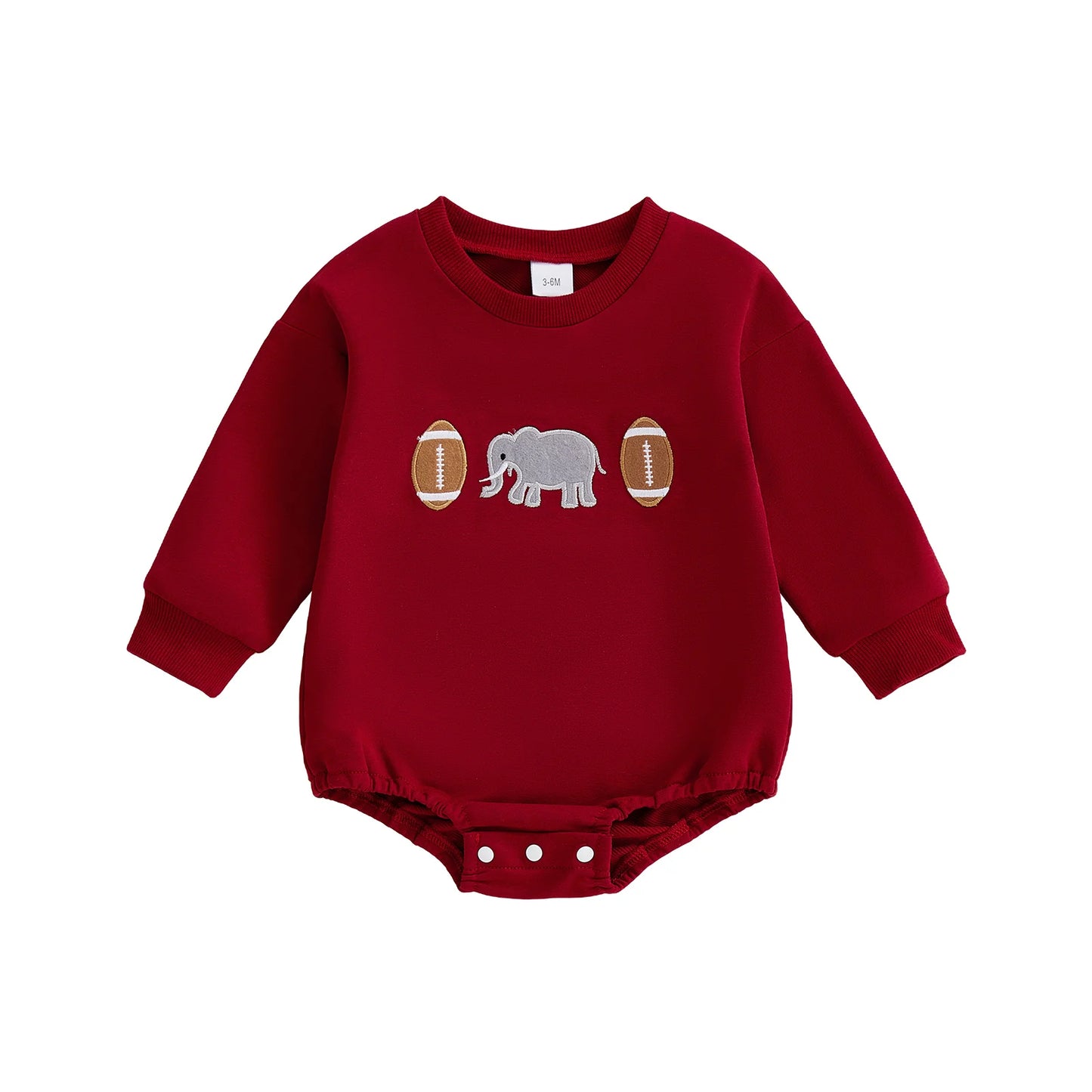 Front flat lay view of a crimson red infant long sleeve bubble romper featuring a vintage embroidered elephant and footballs on the chest.